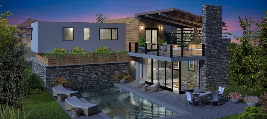 A modern house with a pool and patio.